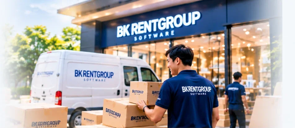 พนักงาน BKRENTGROUP ยกกล่องพัสดุขึ้นรถหน้าร้าน