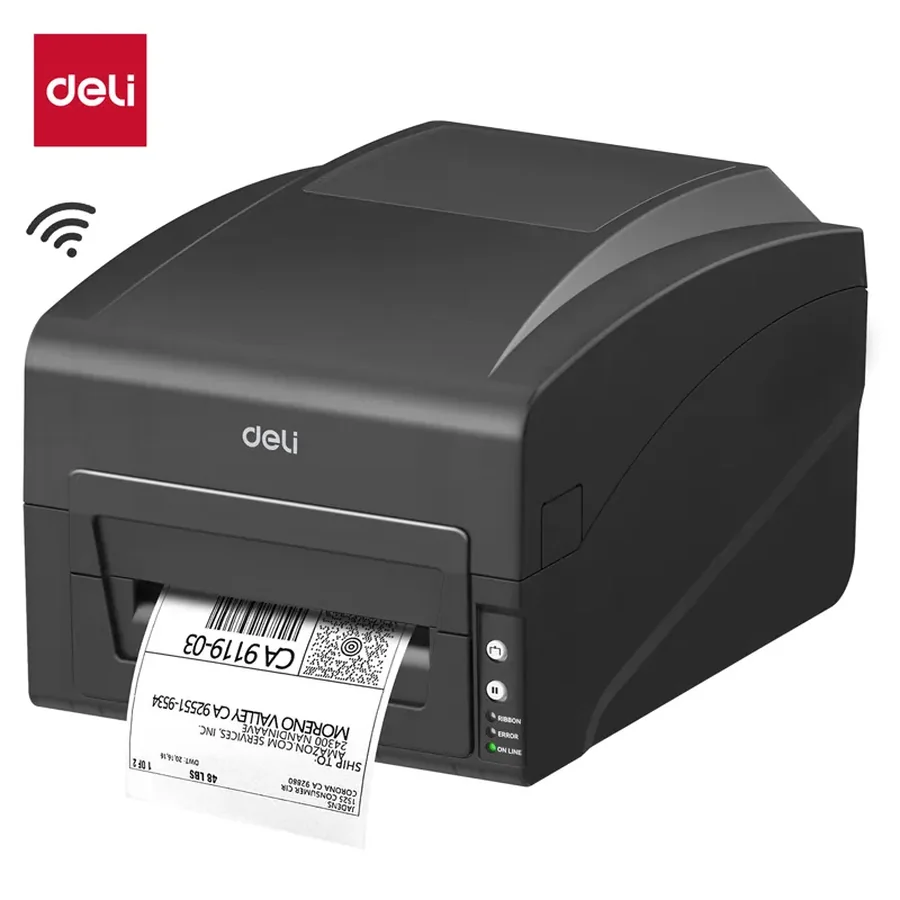 เครื่องพิมพ์สติกเกอร์ 4 นิ้ว แบบใช้ริบบอนได้ (Thermal Transfer · USB + Wi-Fi) DELI S353 สีดำ