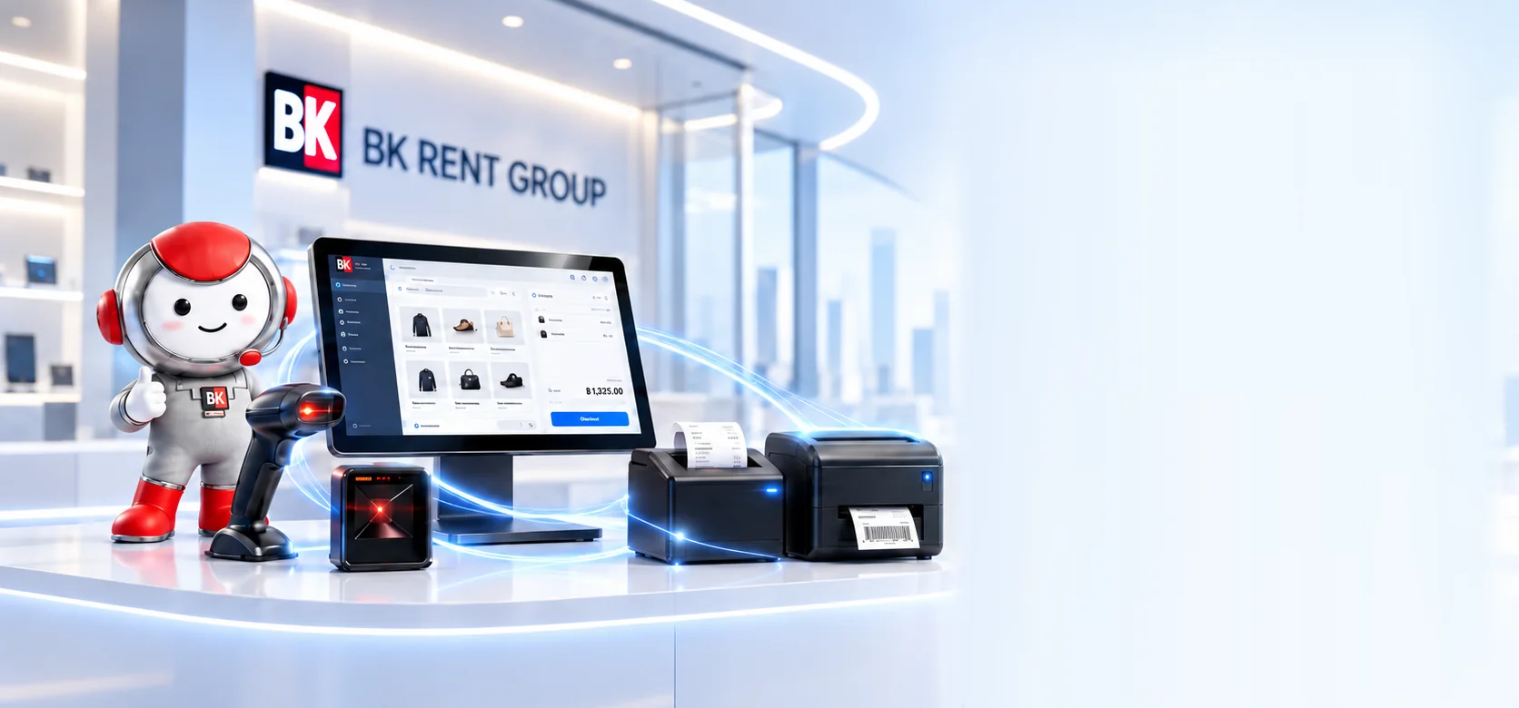 ศูนย์ BK RENT GROUP พร้อมมาสคอต BK และชุดอุปกรณ์หน้าร้าน: จอ POS แสดงโปรแกรมขาย เครื่องสแกนบาร์โค้ด เครื่องพิมพ์ใบเสร็จ และเครื่องพิมพ์ฉลาก