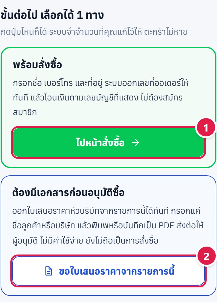 ส่วนเลือกทางต่อในหน้าตะกร้า มีปุ่มเขียวไปหน้าสั่งซื้อ และปุ่มขอบน้ำเงินขอใบเสนอราคาจากรายการนี้ ติดเลข 1 2