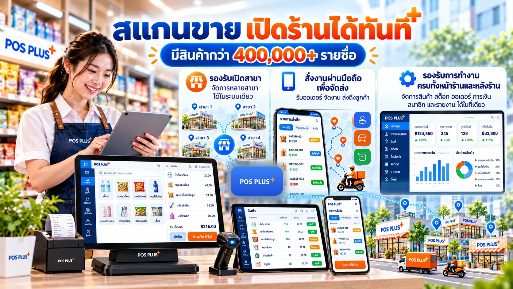 POS PLUS+ สแกนขาย เปิดร้านได้ทันที มีสินค้ากว่า 400,000+ รายชื่อ · รองรับเปิดสาขา · สั่งงานผ่านมือถือเพื่อจัดส่ง · ทำงานครบทั้งหน้าร้านและหลังร้าน · เครื่อง POS แท็บเล็ต มือถือ เครื่องพิมพ์ใบเสร็จ และเครื่องสแกน