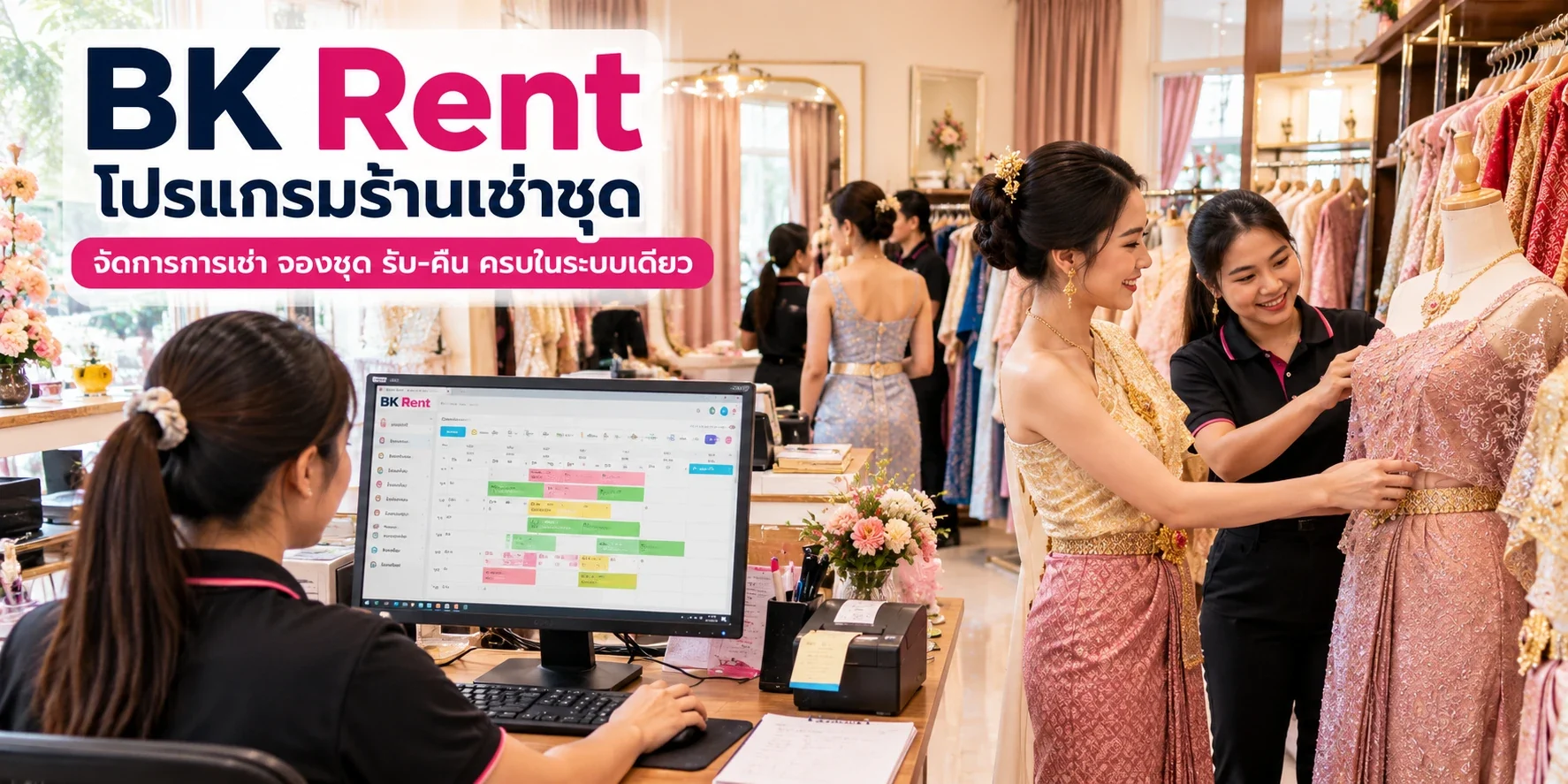 ร้านเช่าชุดไทยและชุดราตรี พนักงานใช้โปรแกรม BK Rent ที่เคาน์เตอร์ อีกคนช่วยลูกค้าเลือกชุดไทยข้างราวชุด