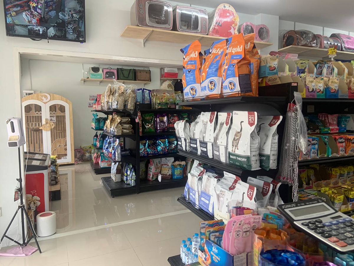 ภายในร้าน Ok petshop ชั้นอาหารแมวแบบถุงและแบบซอง มีกระเป๋าและบ้านสัตว์เลี้ยงบนชั้นด้านบน