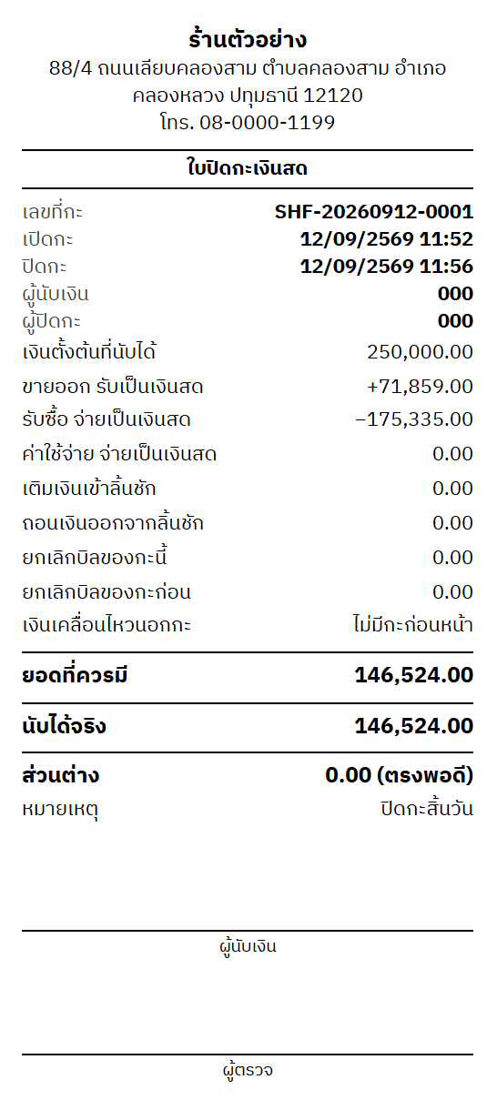 ใบปิดกะเงินสดแบบสลิป แสดงเงินตั้งต้น เงินรับเข้า เงินจ่ายออก ยอดที่ควรมี ยอดที่นับได้ และส่วนต่าง