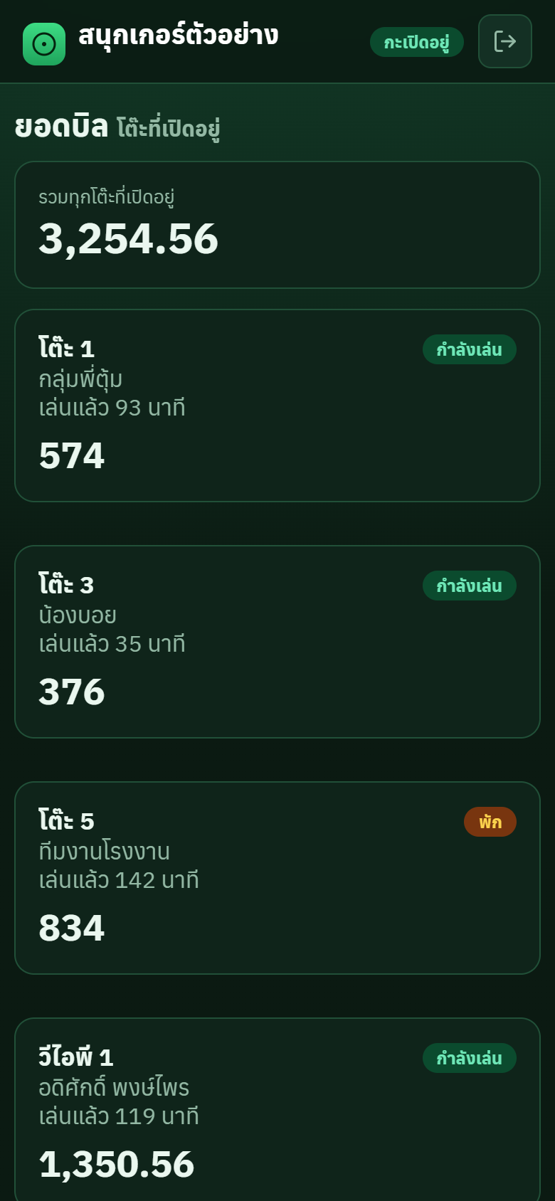 หน้าจอมือถือ แสดงยอดบิลของทุกโต๊ะที่เปิดอยู่และยอดรวมทั้งร้าน